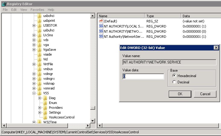 vss registry key